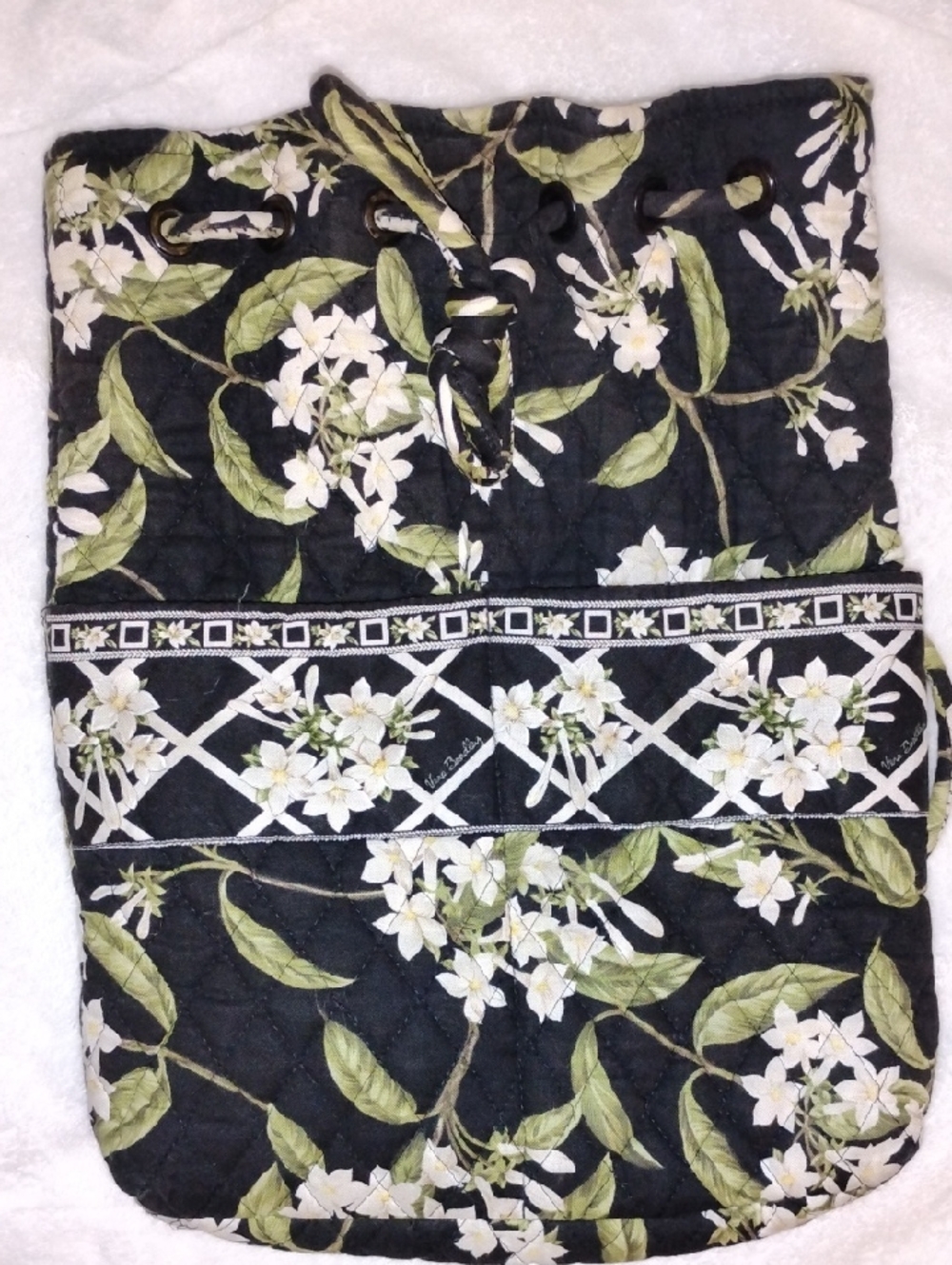 Vera Bradley Black Floral Drawstring Tote with Green Leaves